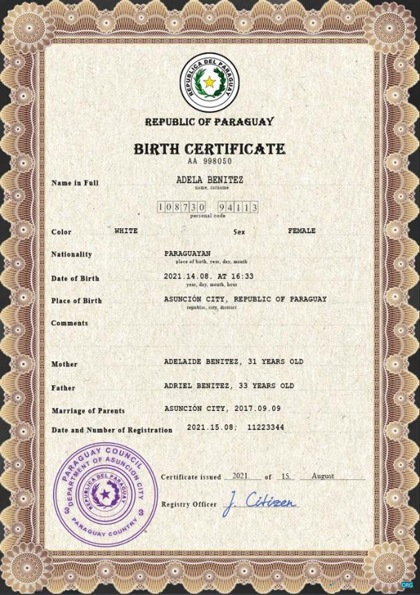 Download Paraguay vital record birth certificate PSD template Photoshop template